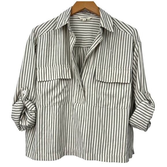 Max Studio | XS | Striped Tab Sleeve Collared V-neck Pullover Blouse Shirt - Picture 2 of 7